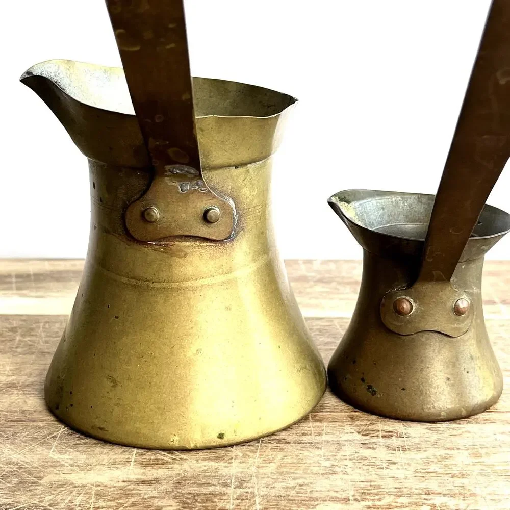 Vintage Brass Coffee Melting Pots 12 oz & 4 oz Rustic Patina Farmhouse Set of 2